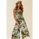 Bohemian Women Clothing Summer Ruffled Shoulder Strap Palm Print Casual Mid-Length Jumpsuit