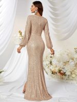 Long Sleeve Sequined Formal Dress: High Slit Fishtail Gown