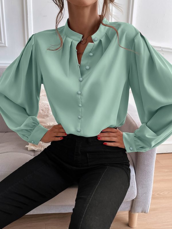 Shirt Women Clothes Half Open Collar Solid Color Loose Long Sleeves Elegant Outfit Ideas