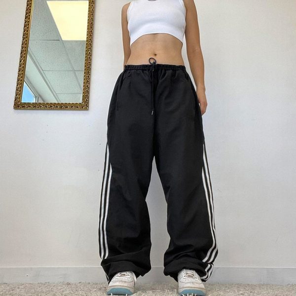 Street Sports Double Striped Ribbon Stitching Elastic Laced Pants