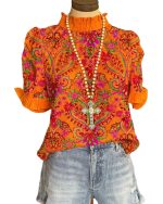 Women’s Ladies Vintage Printed Orange Short Sleeve Gathers T Shirt