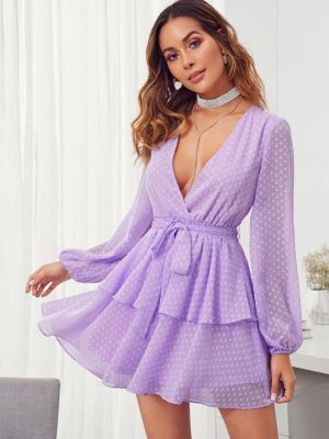 Women Summer Fashion V-neck Double Layer Lower Hem with Lace Polka Dot Dress