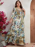 Plus Size Mid Sleeve Chiffon Printed Holiday Dress: Middle East Style
