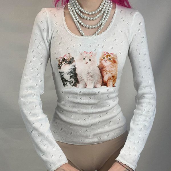 Sweet Girl Cute Cat Printing Casual Bottoming T shirt