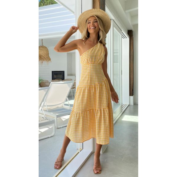 Women Clothing Spring Summer Plaid Printed Oblique Shoulder Mid-Length Dress