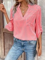 Women’s V-neck Pullover Striped Printed Long Sleeves Casual Shirt