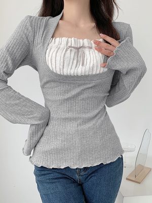 Square Collar Color Contrast Patchwork Pleated Tie Lace T shirt