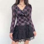 Plaid Mesh V-Neck Tee: Sexy Slim Fit