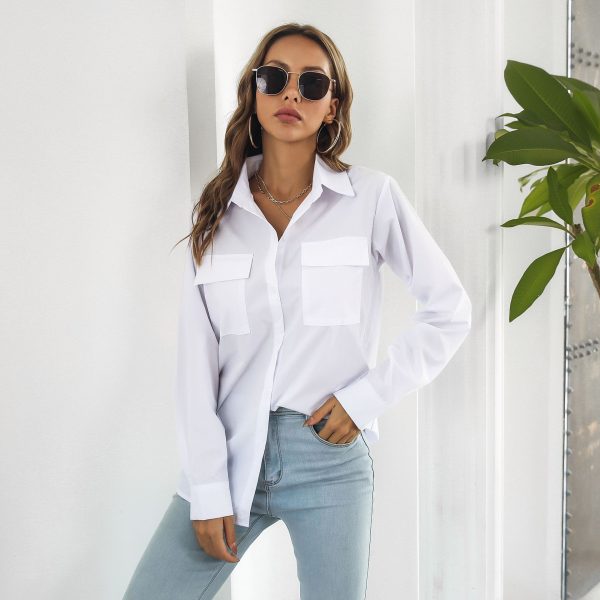 Women Cotton Pocket Long Sleeve Mid Length Shirt Loose Shirt Top Outfit Ideas