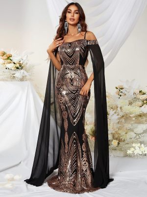 Waist Hip Wrapped Fishtail Evening Dress: Sequin Off-The-Shoulder