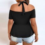 Plus Size Waist Sexy Strapless Halterneck T-Shirt: Solid Color Short Sleeve Elegant Top for Women