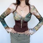 Retro Brown Abstract Printing Lace V neck Patchwork Chest Lace-up Top