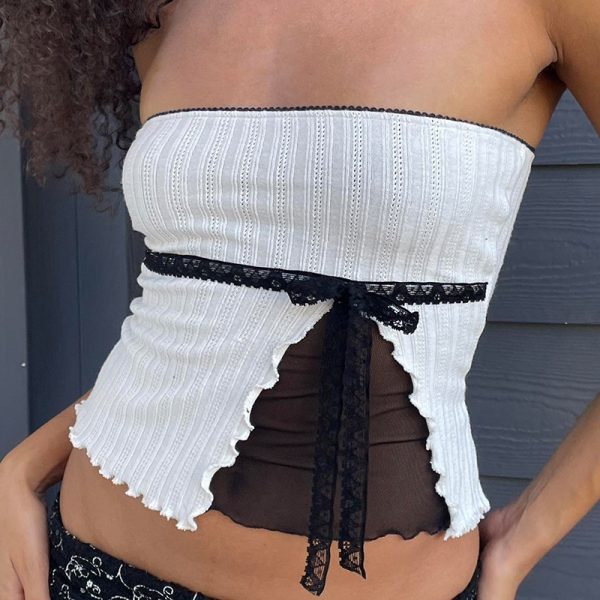 Bow Lace Up See Through Off Neck Beauty Back Tube Top