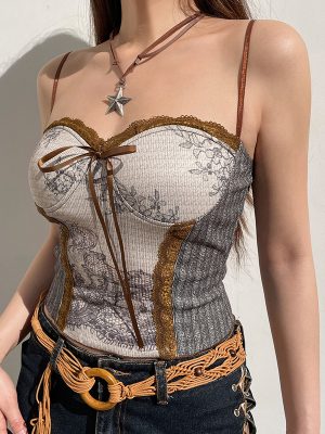 Retro Printed Lace Stitching Tied Bow Vest