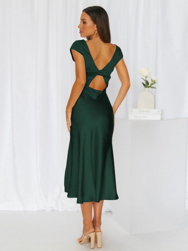 Summer Women High Fork Elegant Dress Sexy Slimming Backless Pure Satin Evening Dress