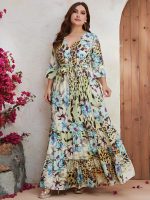 Plus Size Mid Sleeve Chiffon Printed Holiday Dress: Middle East Style