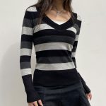 Striped V-neck Woolen Top: Sexy Street Style
