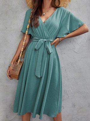 Texture Crumpled Solid Color Women Sexy V neck High Waist Midi Dress