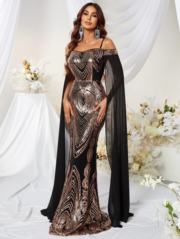Waist Hip Wrapped Fishtail Evening Dress: Sequin Off-The-Shoulder