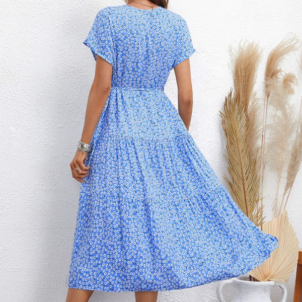 Retro High Waist Blue Floral Midi Dress: Women's Summer Wear