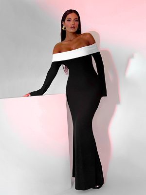 Autumn Sexy Waist Tight Hip Fashionable Elegant Slim off Shoulder Contrasting Color Dress Women