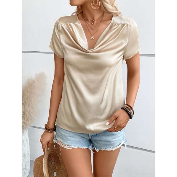 Solid Color Satin Short-Sleeved Women's Thin T-shirt: Loose Round Neck Bottoming Top