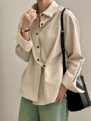 Women Spring Irregular Asymmetric Striped Shirt