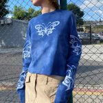 Niche Tie Dyed Dark Blue Butterfly Print Loose round Neck Long Sleeve Sweater