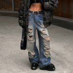 Street Beggar Ripped Washed Old Loose Straight Jeans Tall Women Slimming Hip Hop Trousers