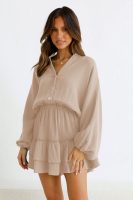 Women Autumn Clothing Button Long Sleeve Loose Shirt Dress Elastic Waist Ruffled