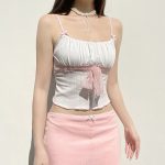 Sexy Pleated Chest Slimming Back Short Strap Lace Stitching Bow Strap Lace Vest