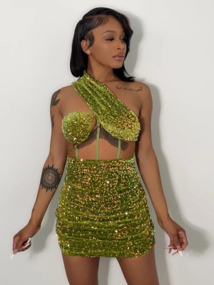 Green See-through Sequin Gauze Wrapped Chest Sloping Shoulder Backless Short Dress