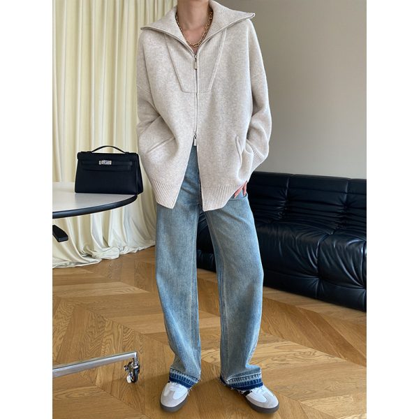 Double Zipper Lazy Fashionable Oversized Loose Profile Collared Knitted Cardigan Sweater