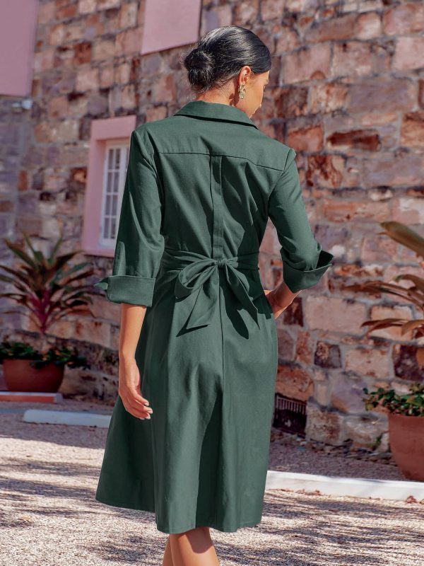 Women Clothing Elegant Dress Autumn Lace up Midi Dress Solid Color Shirt A line Dress