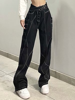 Women Unique Design Bright Line Denim Straight-Leg Pants