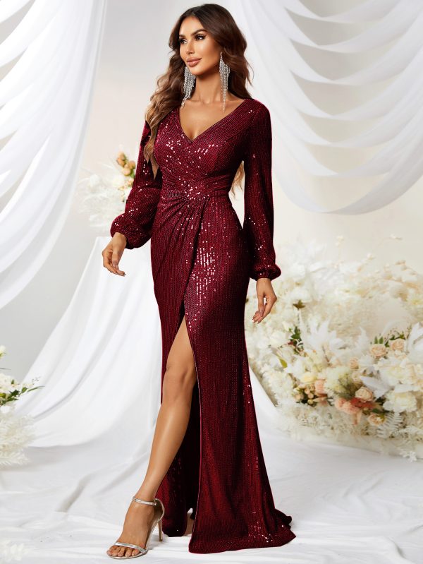 Long Sleeve Sequined Formal Dress: High Slit Fishtail Gown