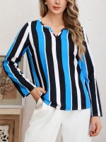 Blue Striped Simple Loose Long-Sleeved Shirt for Women
