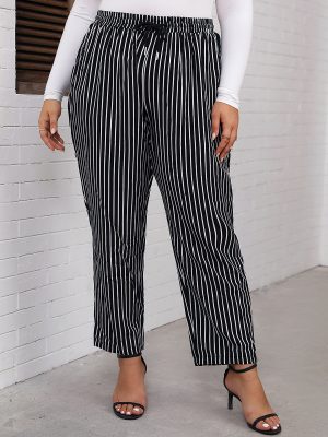 Black and White Striped Slim Fit Straight Casual Pants: Plus Size Women's Slimming Style