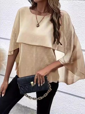 Women Clothing Summer Solid Color Layered Cape Sleeve Shirt