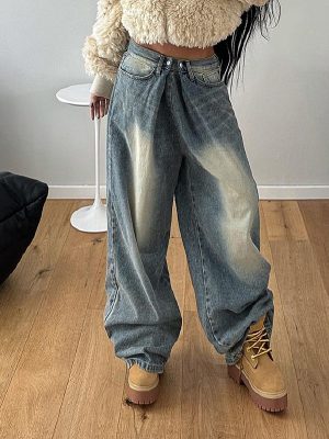 Street Low Waist Worn Looking Washed Out Loose Wide Leg Jeans