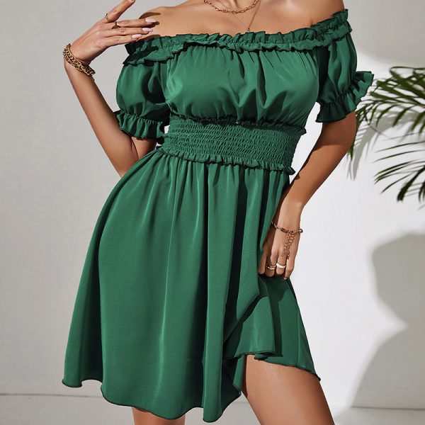 Popular Solid Color Off Neck Puff Sleeve Dress