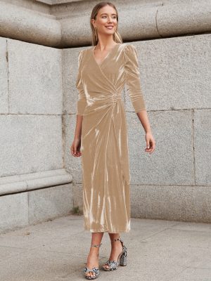 French Design Elegant Long Sleeve Evening Dress Gold Velvet Dress