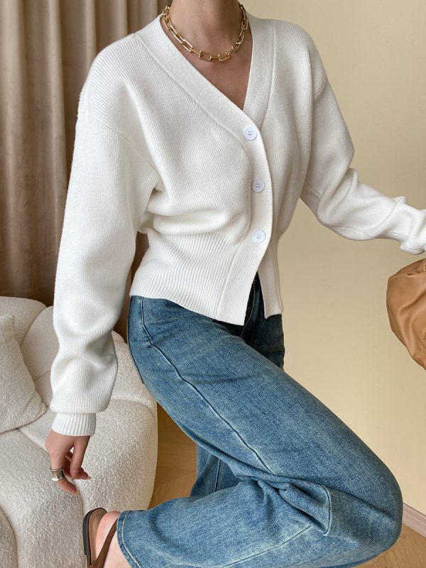 Fashionable Relaxed Feeling Early Autumn Gentle French Slit Elegant V Neck Waist Trimming Knitted Cardigan