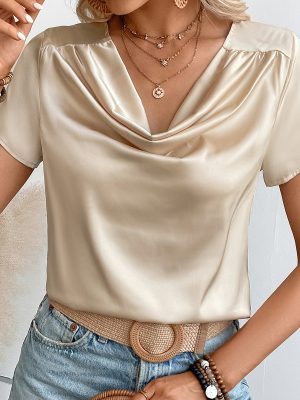 Solid Color Satin Short-Sleeved Women's Thin T-shirt: Loose Round Neck Bottoming Top