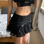 Dark Girl Bow Lace Stitching Cross Lace Pleated Skirt