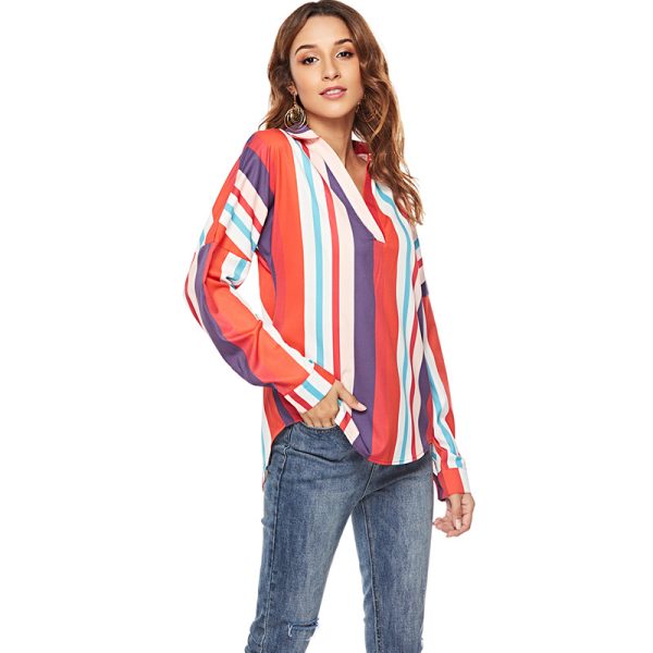 Color Stripes V-Neck Long Sleeve Shirt: Women's