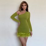 Autumn Sexy Hip Elegant Furry Swing Single Sleeve Long Sleeve Sloping Shoulder Dress Women