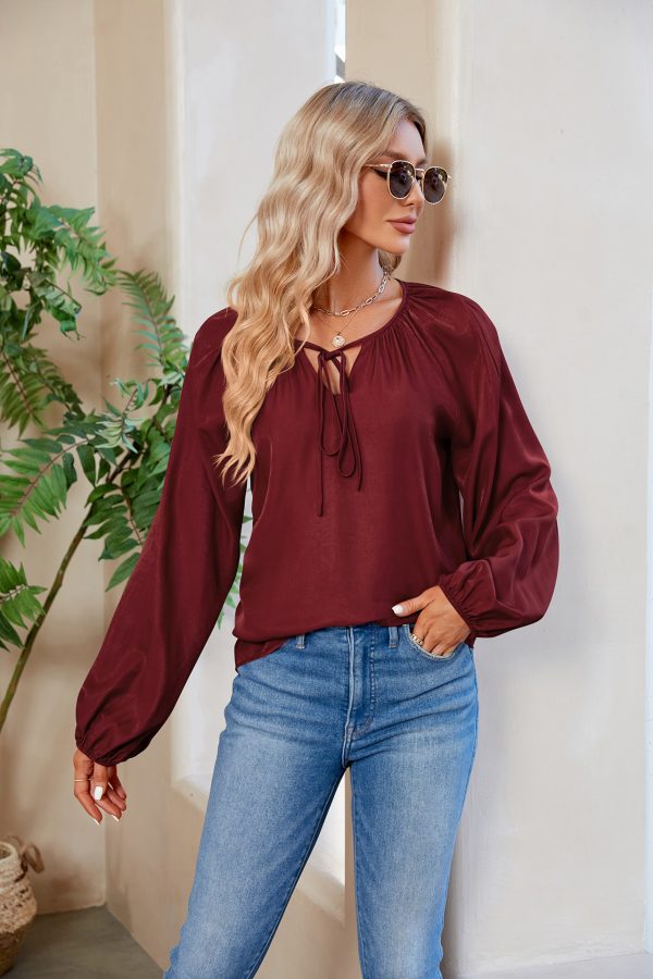 V-Neck Lace-Up Satin Silk Top: Women's Loose Style