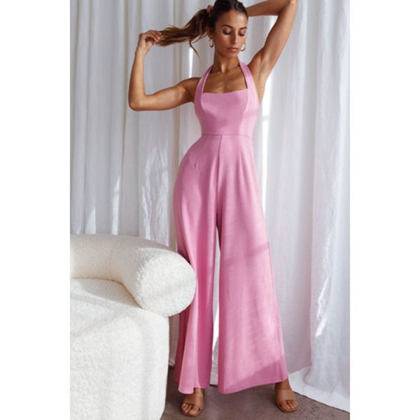 Women Clothing Spring Summer Solid Color Halter Backless Wide Leg Casual Jumpsuit