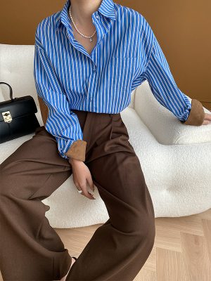 French Intellectual Suede Stitching Vertical Striped Loose Shirt